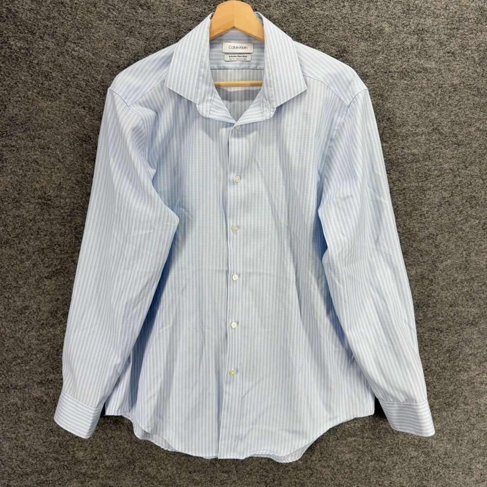 Calvin Klein Shirt Men L Large Blue Striped Button Up Slim Fit Stretch Collared